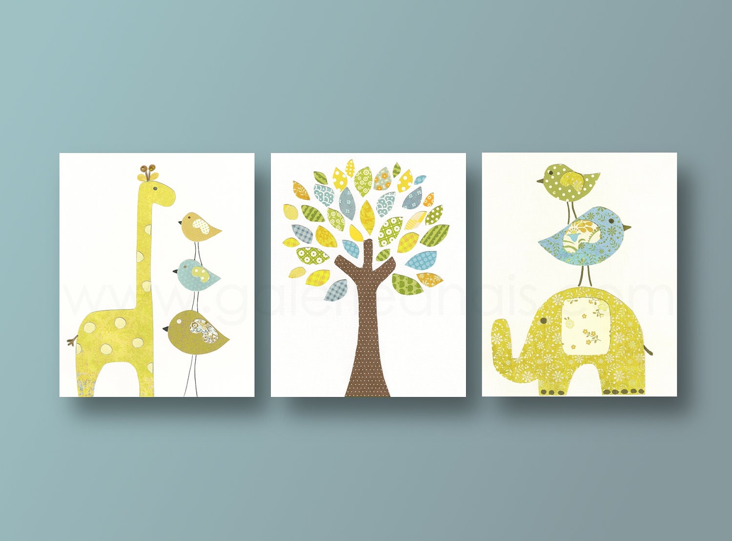 Kids wall art, nursery art print, baby nursery decor, nursery print, yellow, blue, elephant, giraffe, bird, Tree, Set of three 8x10 prints