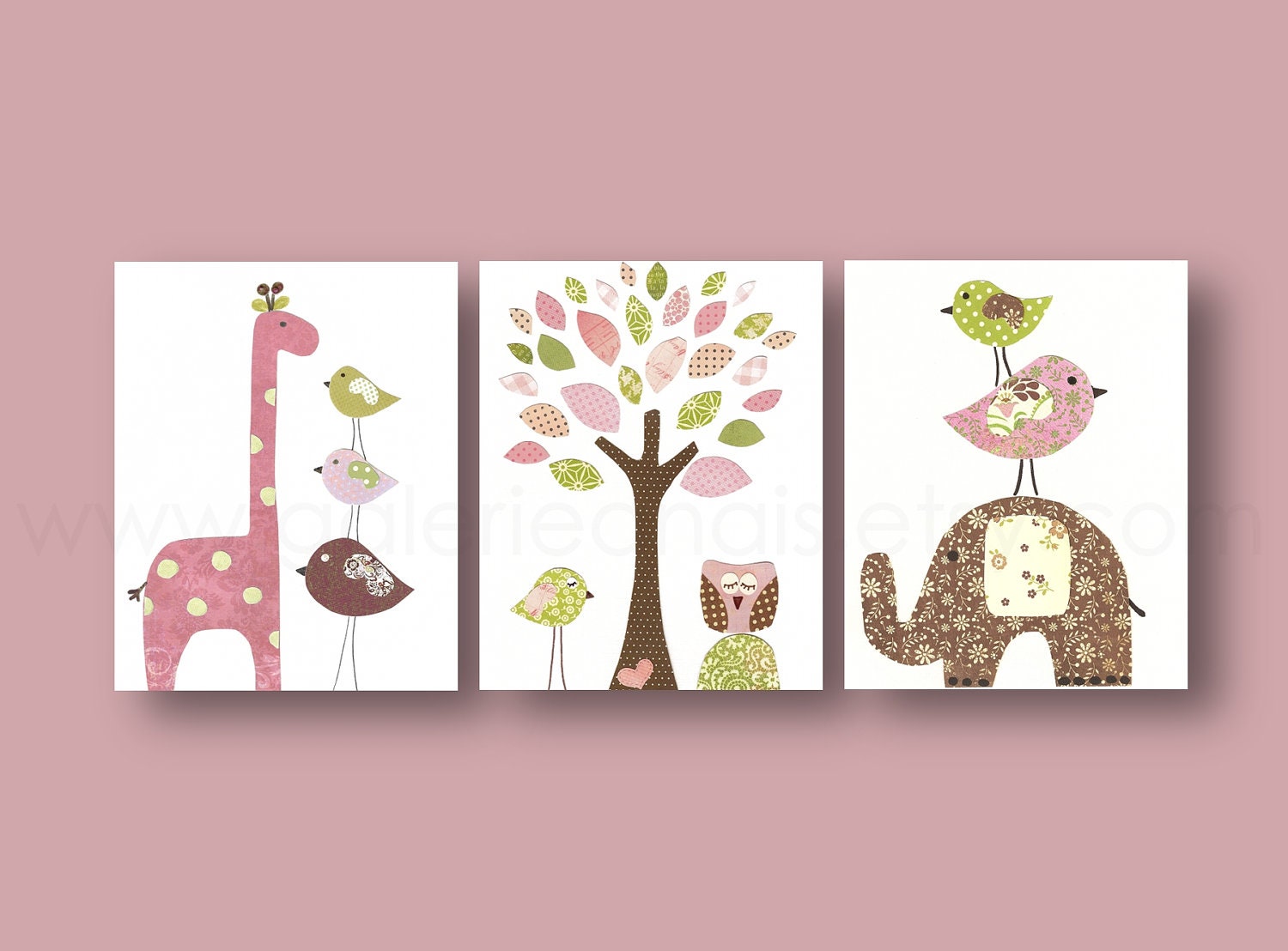 Nursery art prints, baby nursery decor, kids art, children wall art, tree, owl, elephant, giraffe, Bird, Pink, Brown, Set of 3, 8x10 prints