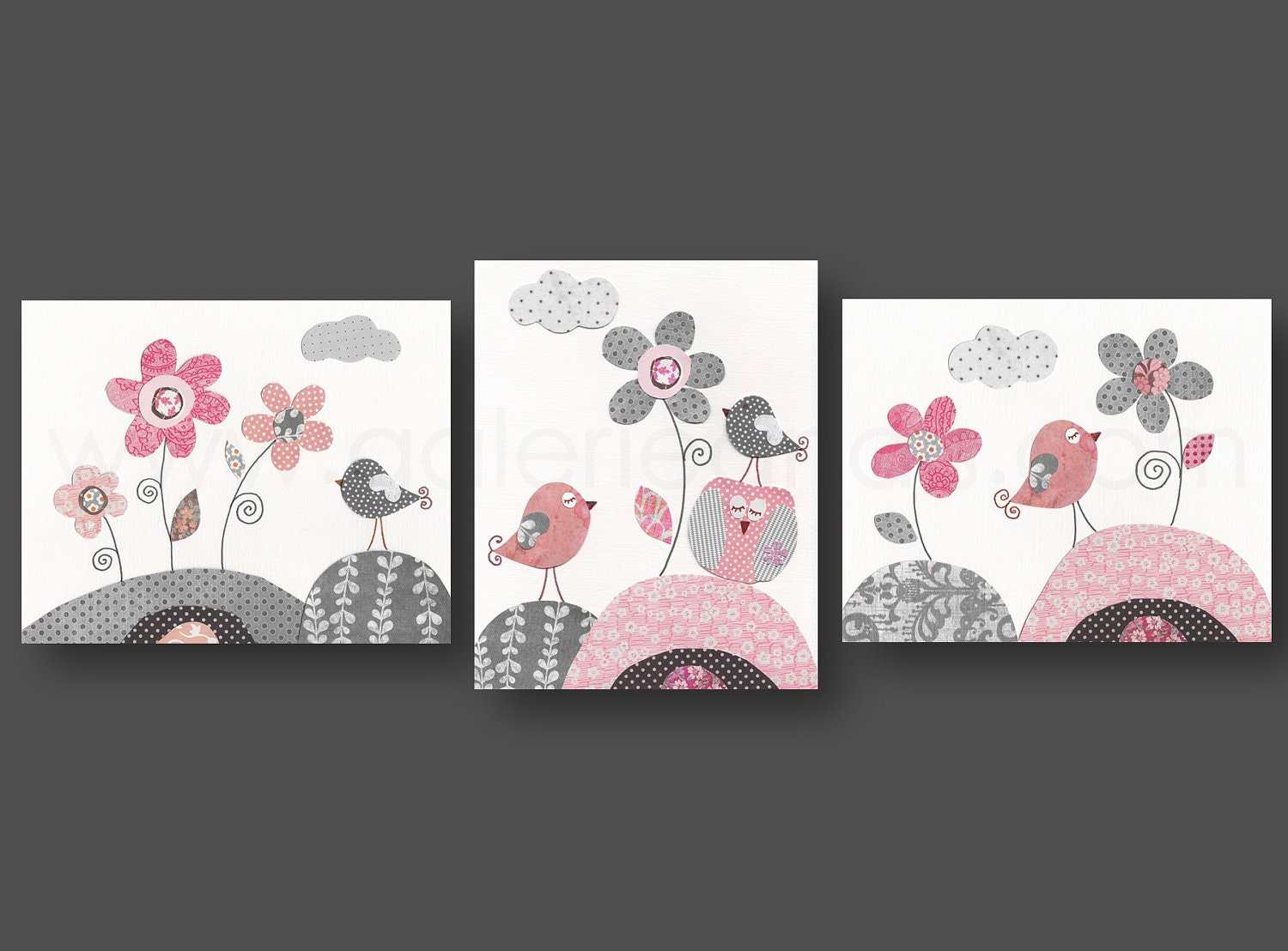 Nursery wall art, nursery print, baby nursery, kids art print, nursery decor, flowers, Birds, owl, pink, gray, Set of three 8x10 prints