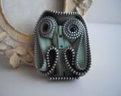 Green Owl Brooch Collectible Ornament Handmade Zipper Art Wearable Statement Brooch