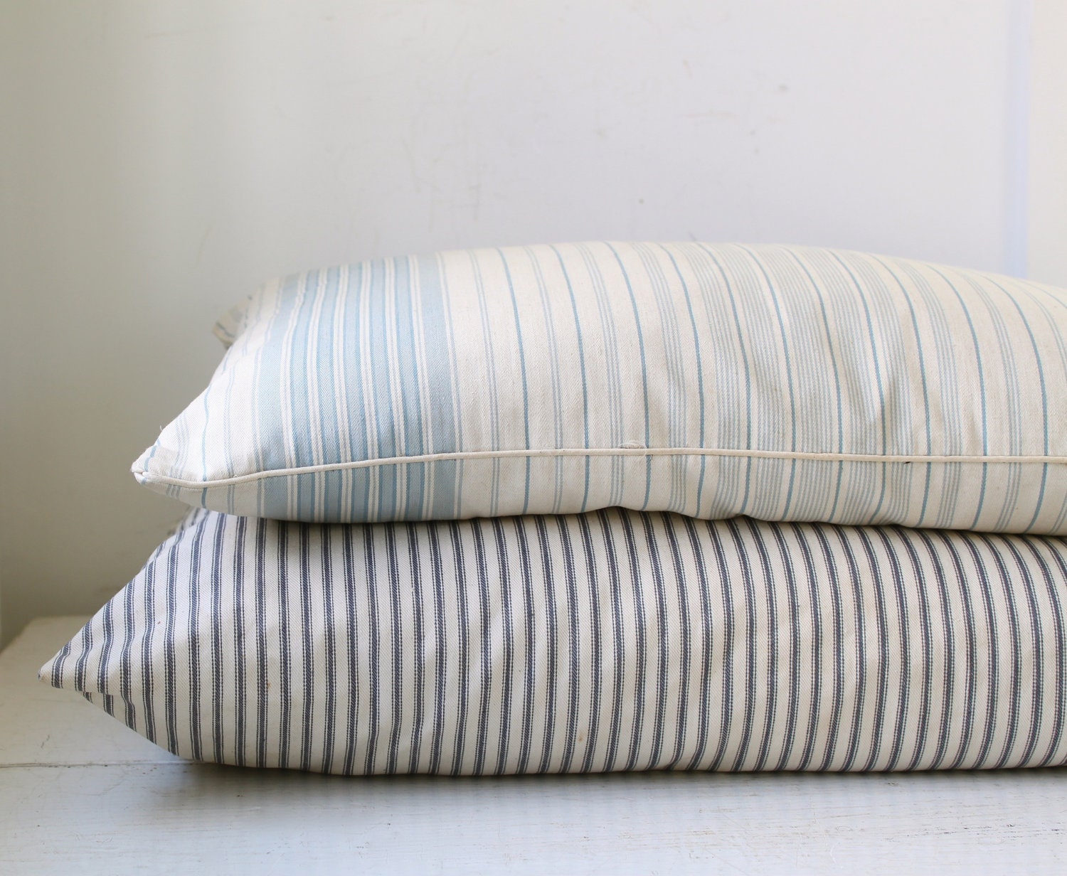 RESERVED vintage 1930s farmhouse feather pillow with blue striped ticking / primitive rustic