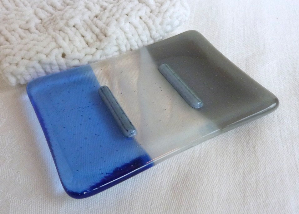 Glass Soap Dish in Blue, Gray and White