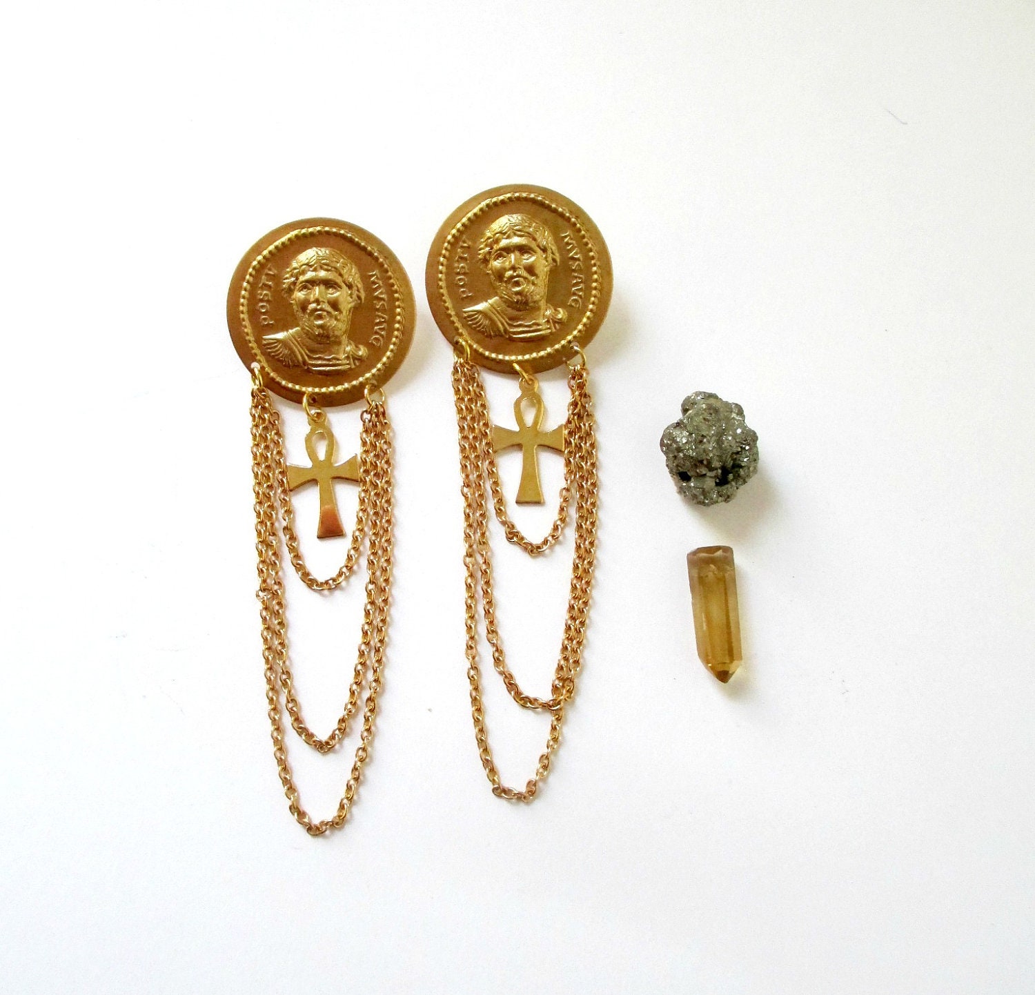 Wax Philosophic. Plato Stud Chandelier Earrings. Golden Greek Ankh Statement Jewelry