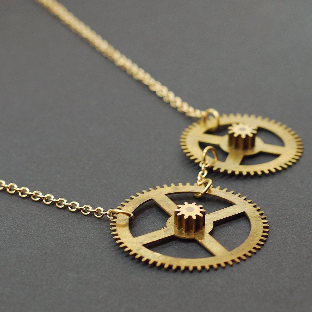 Steampunk Jewelry Necklace- Brass Clock Gear Industrial Necklace