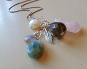 SOLSTICE Necklace, sterling silver feather, faceted stones, rose quartz, smokey quartz, jasper, coin pearl, labradorite