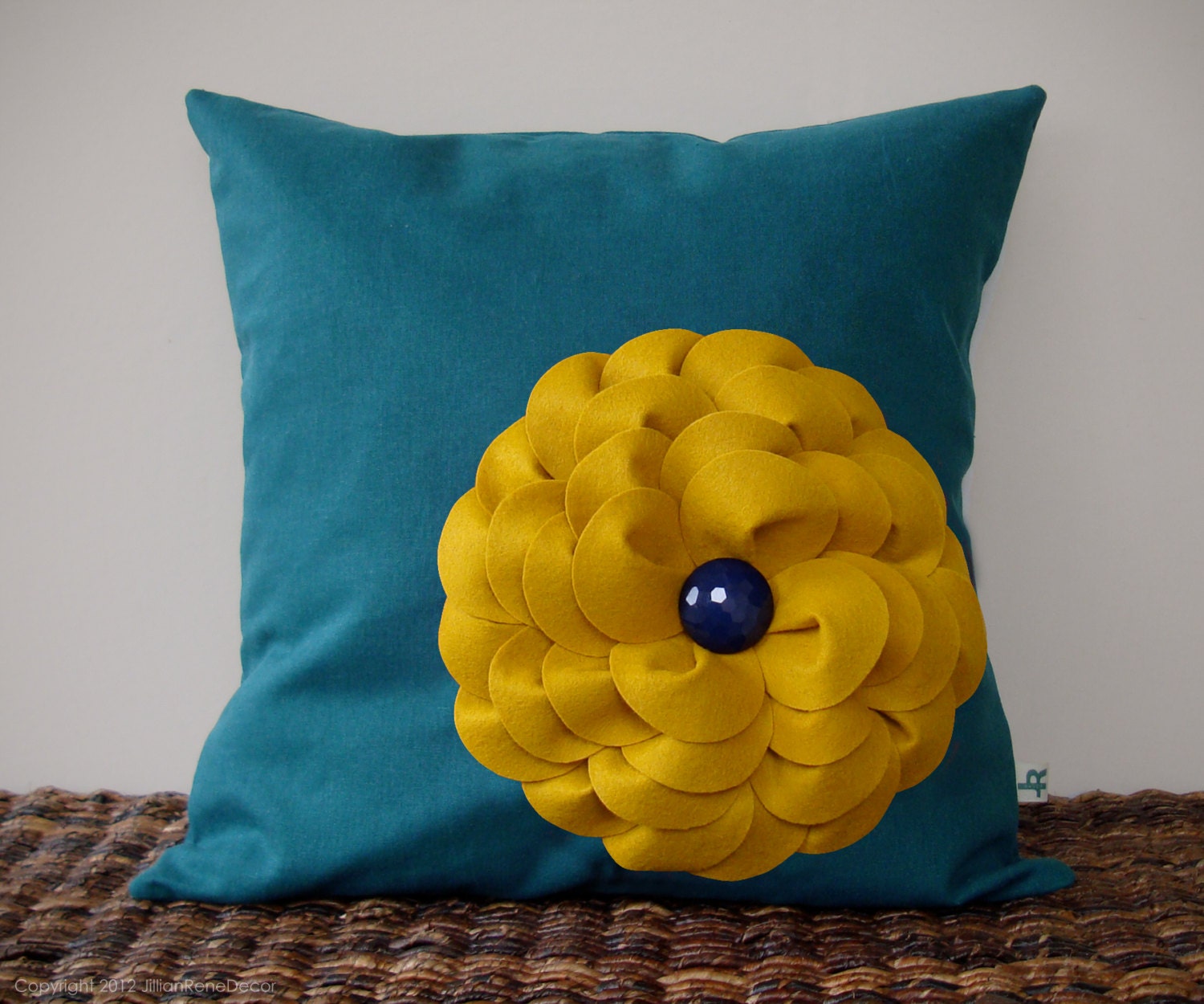 Colorblock Flower Pillow in Mustard Yellow and Teal Linen by JillianReneDecor Vintage Inspired Retro Spring Home Decor