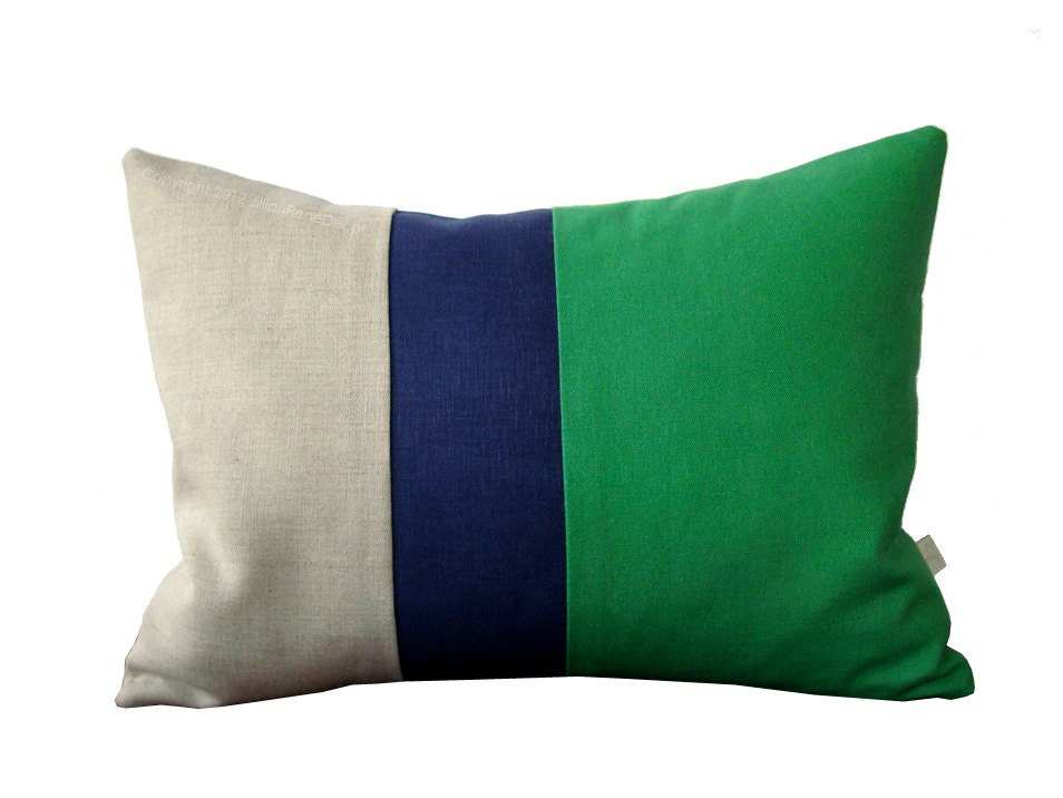 Color Block Stripe Pillow in Kelly Green, Navy and Linen by JillianReneDecor Emerald Green Decorative Pillow - As seen on Apartment Therapy