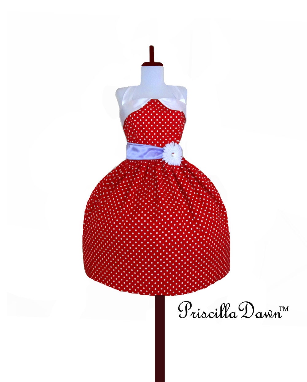 Red Polkadot Rockabilly Dress Betty with Purple Sash and Flower Spring 2013 Collection Custom in Your Size