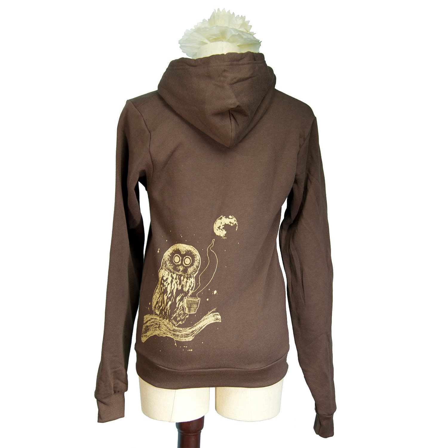Brown Coffee Owl Screen Printed Unisex Zip Hoodie for Winter - Sizes S L XL