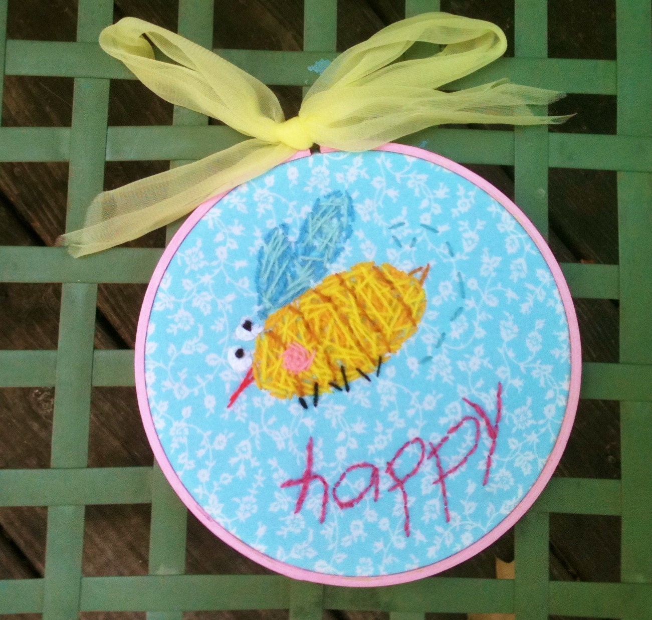 BEE Happy Freehand Embroidered Hooped Art Ready To Ship