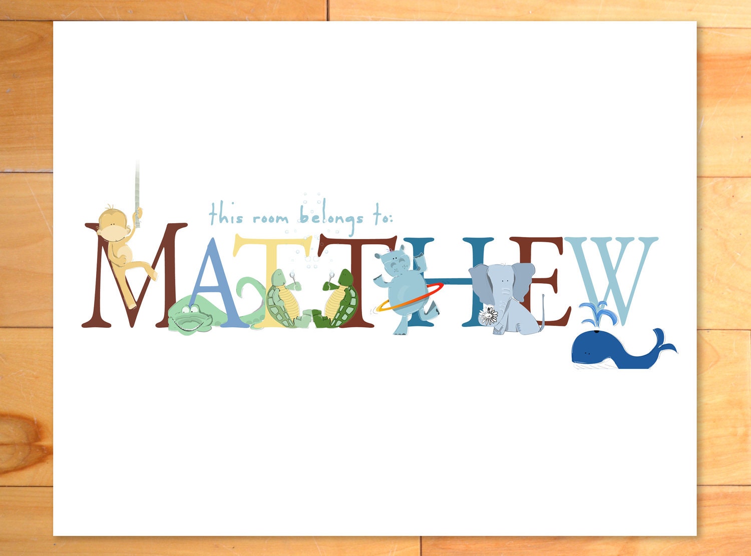 ABC Wall Art, Children Decor, Childrens Wall Art Personalized Animal Alphabet Name - 8 x 10 custom print