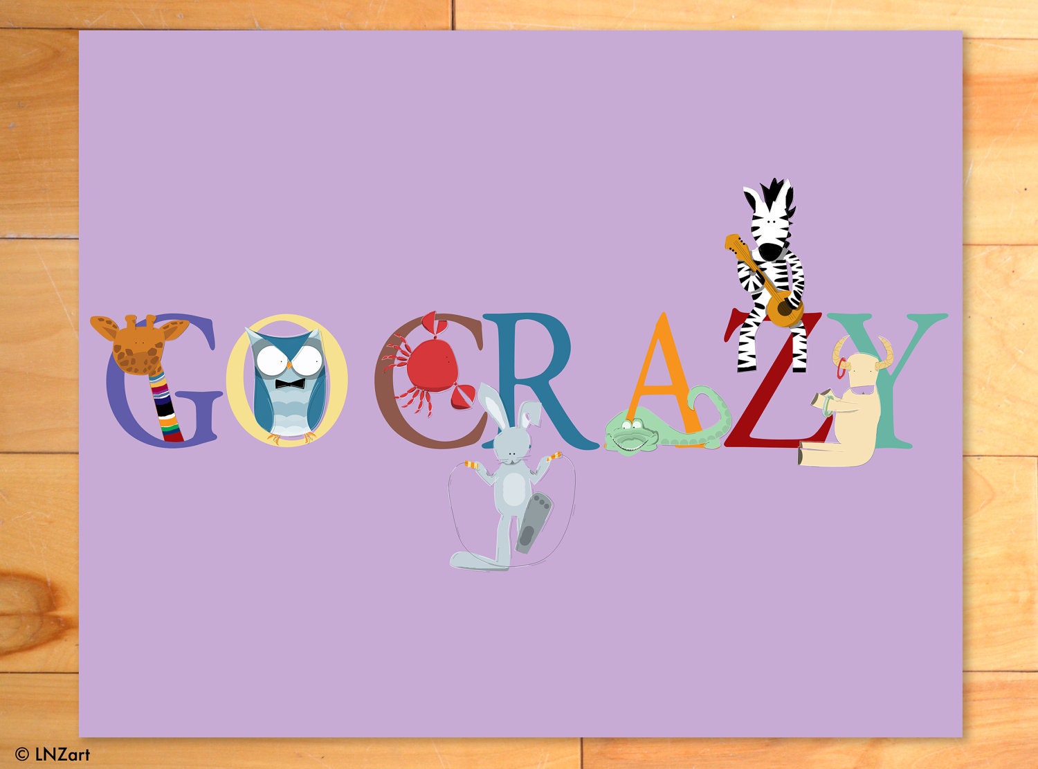 Childrens Wall Art, Animal, Alphabet, ABC, Go Crazy, Nursery or Playroom Decor - 8 x 10 Childrens Art print