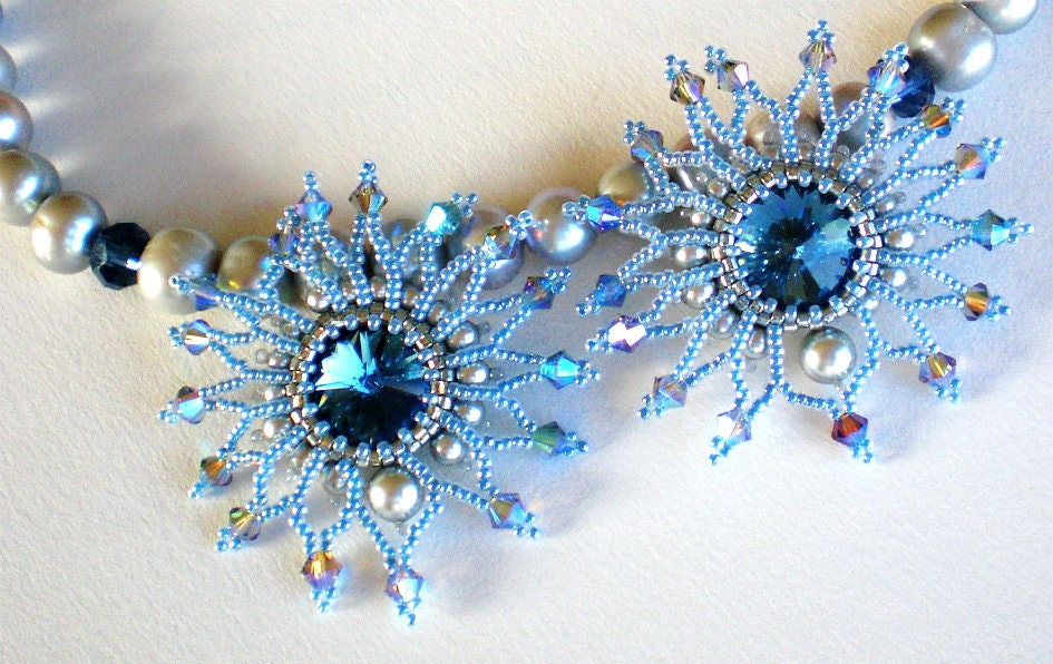 Rivoli Beadwoven  Blue Grey  Faux Pearls necklace Unique Beaded Beadwork Jewelry Blue Moon - SpringColors