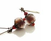 Frosted Lampwork Glass Earrings, Handcrafted Victorian Style Vintaj Brass Earrings, OOAK Handmade Red Lampwork Bead Earrings