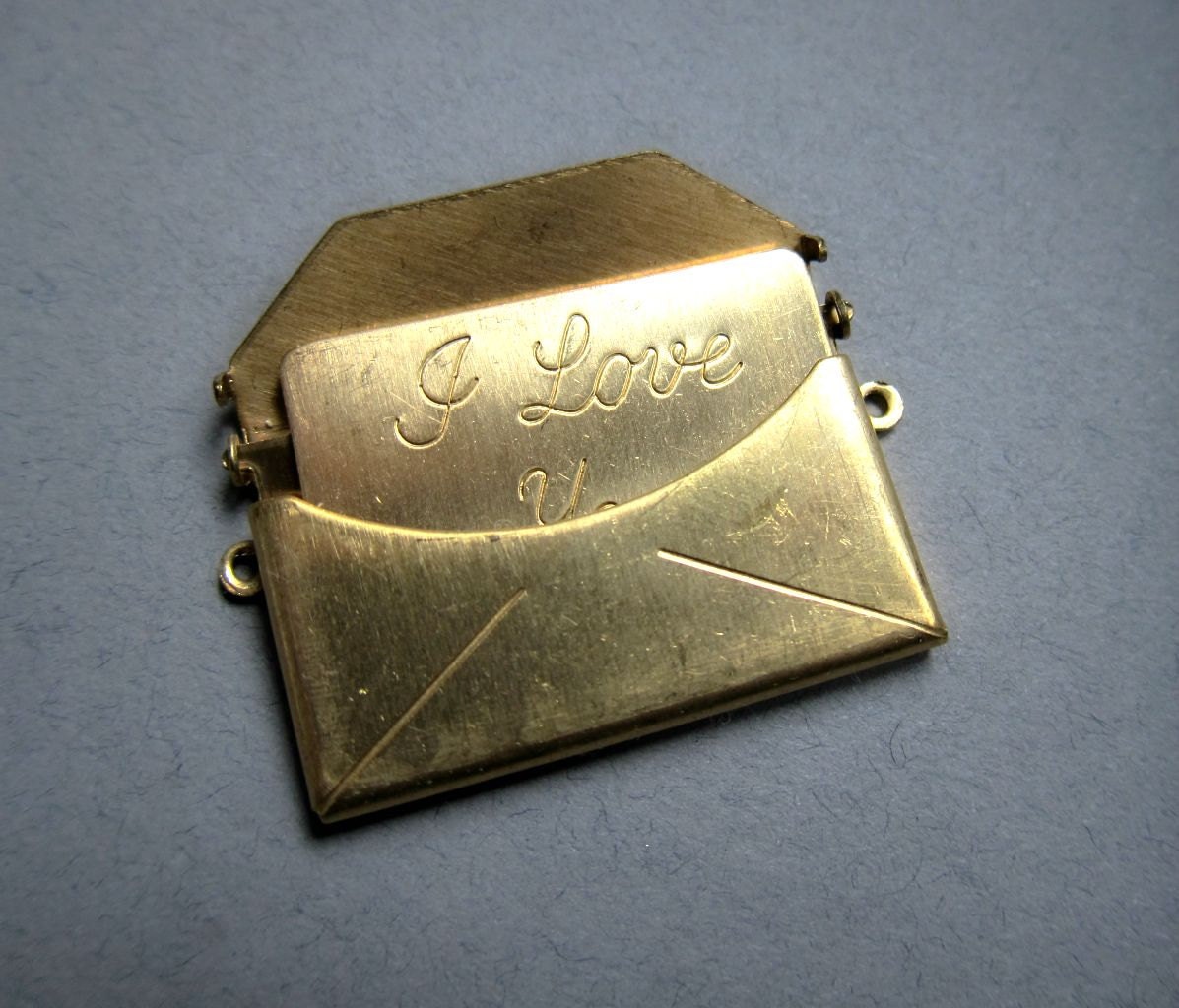 DESTASH- 7 Vintage Brass I love you Envelope pendants with I love you note inside, raw brass charm