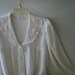 Victorian style vintage 80s textured white polyester long night gown with lace and pink embroidery collar. Made by Sara Beth. Size M