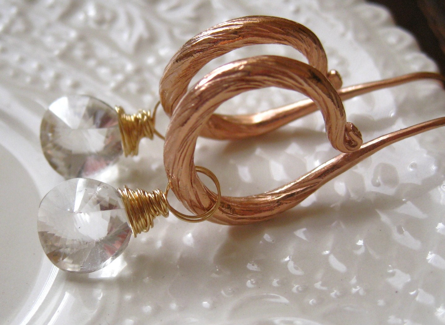 Hoop Earrings Rose Gold Vermeil, Crystal Quartz-Gilded