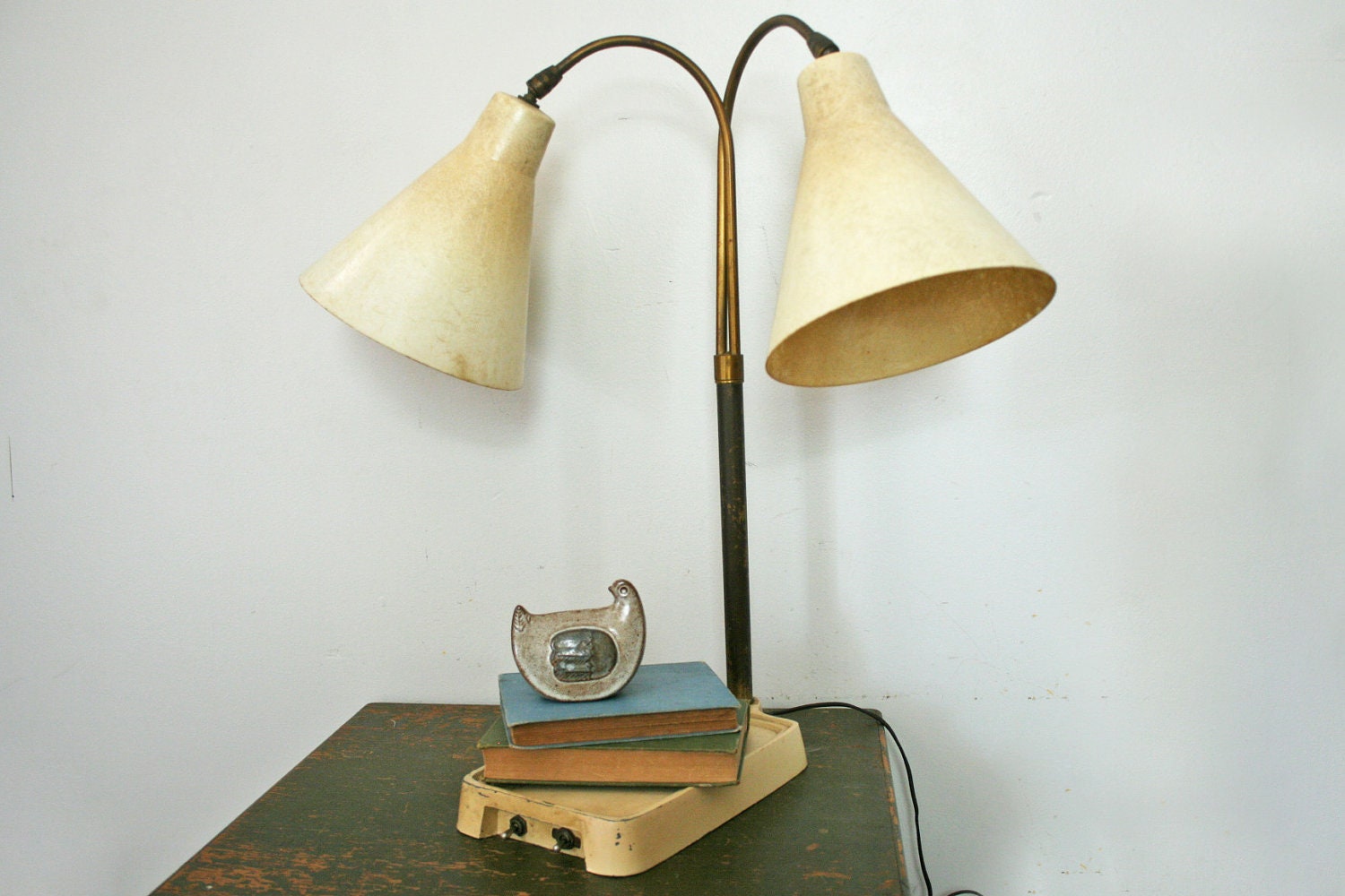 vintage 50s Mid Century Fiberglass Double Goose Neck Lamp