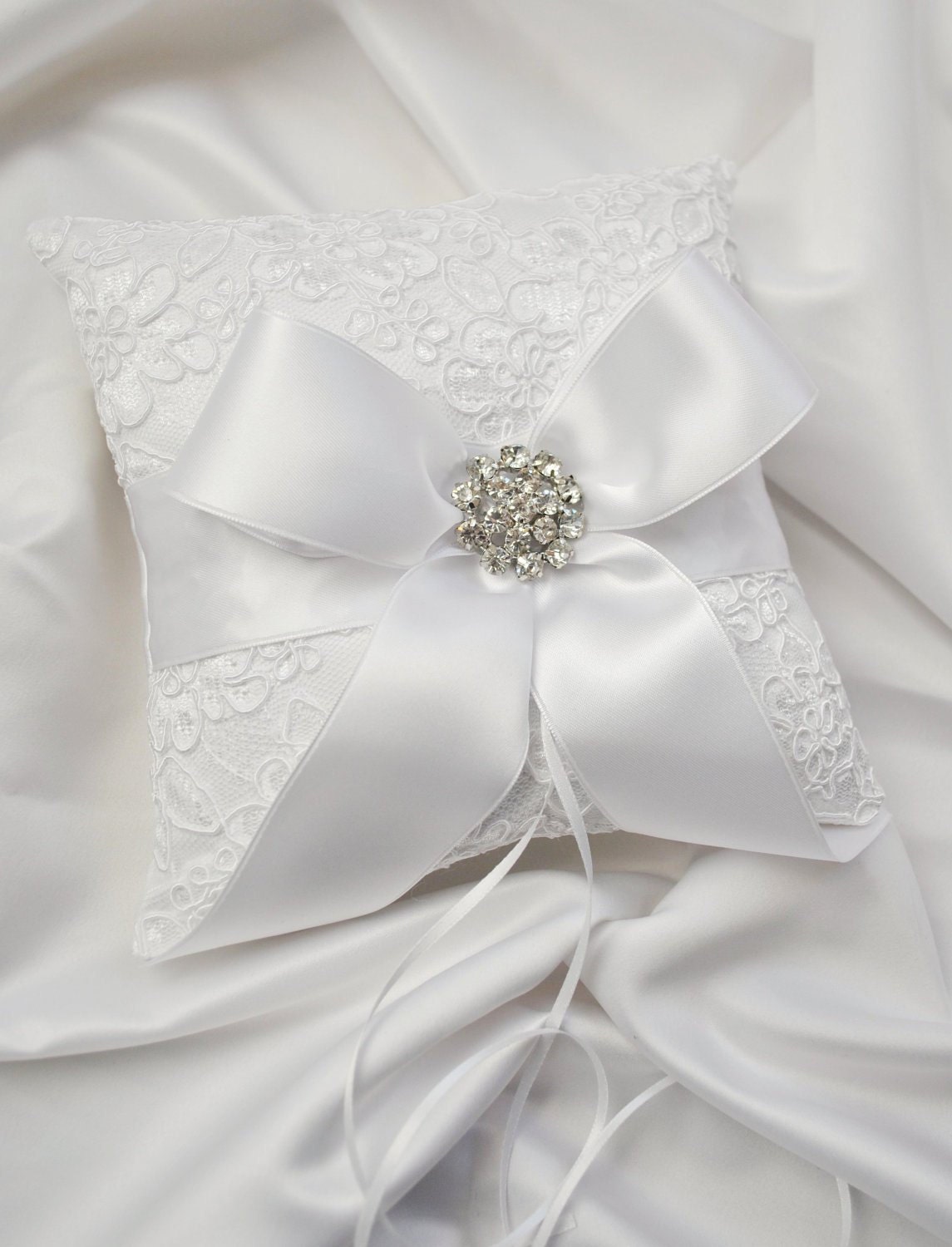 White Vintage Lace Ring Bearer Pillow - White Alencon Lace Wedding Ring Bearer Pillow