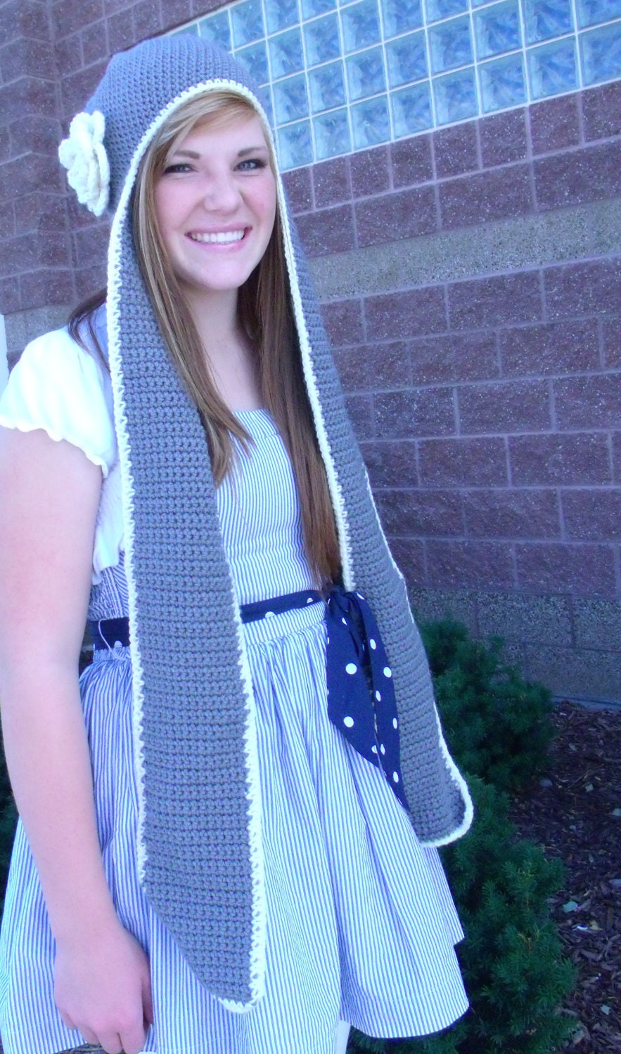 CROCHET PATTERN PDF - Instant Digital Download - Gray Earflap / Scoodie with Detachable Flower - CaN sell items made from the pattern
