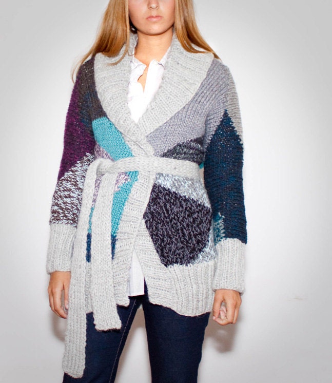 OOAK GEO hand knit cardigan nr 17 jacket coat geometric design in grey and multicolour yarns