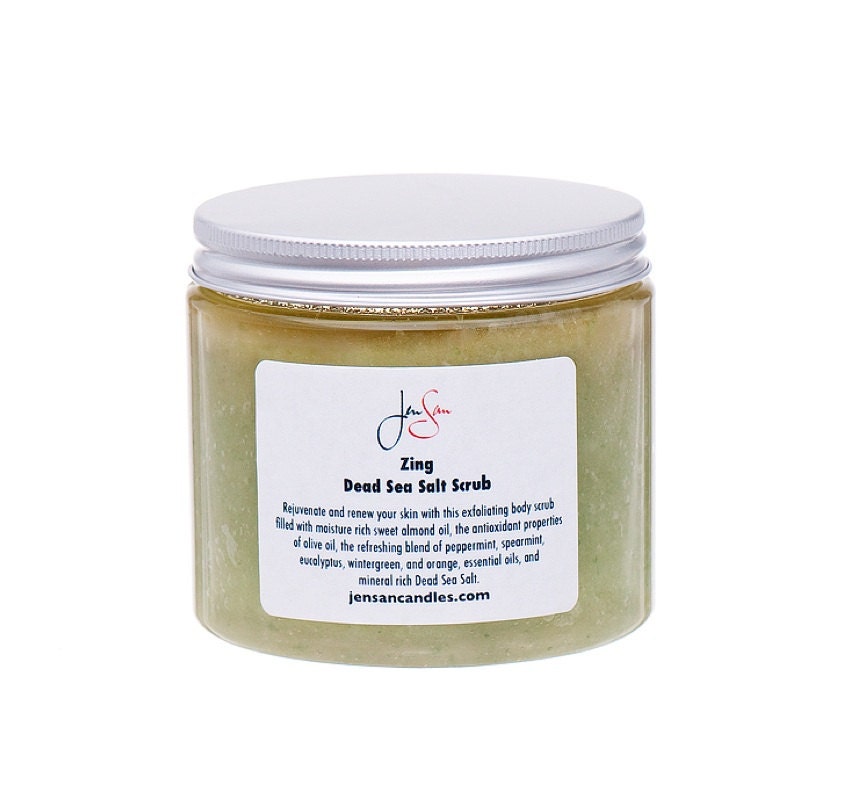 Handmade Zing Organic Body Scrub with Dead Sea Salts  and essential oils, large 16 oz - 454 grams - wooden scoop