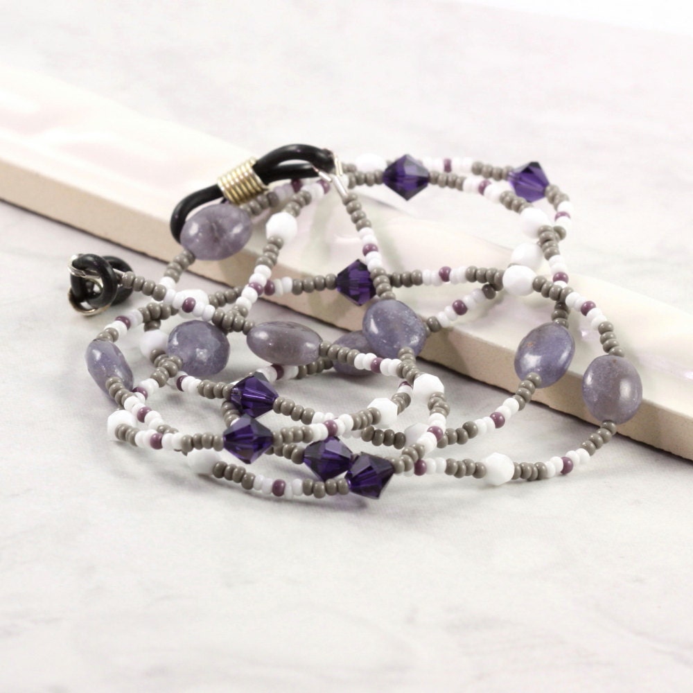 Eyeglass Holder Eyeglass Lanyard Gemstone Crystal Purple Gray White