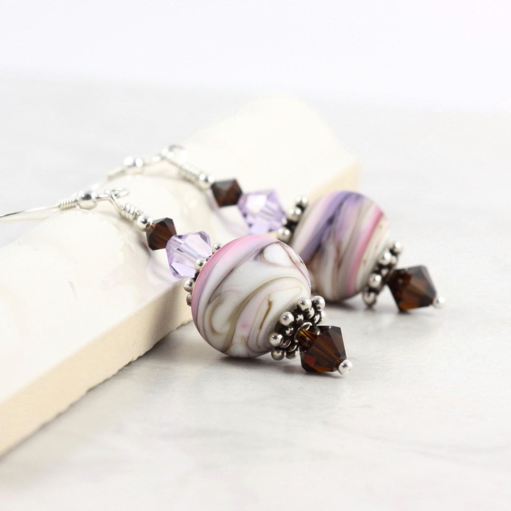 Lampwork Earrings Brown Crystal Lavender Lilac Mocha Mauve Cream