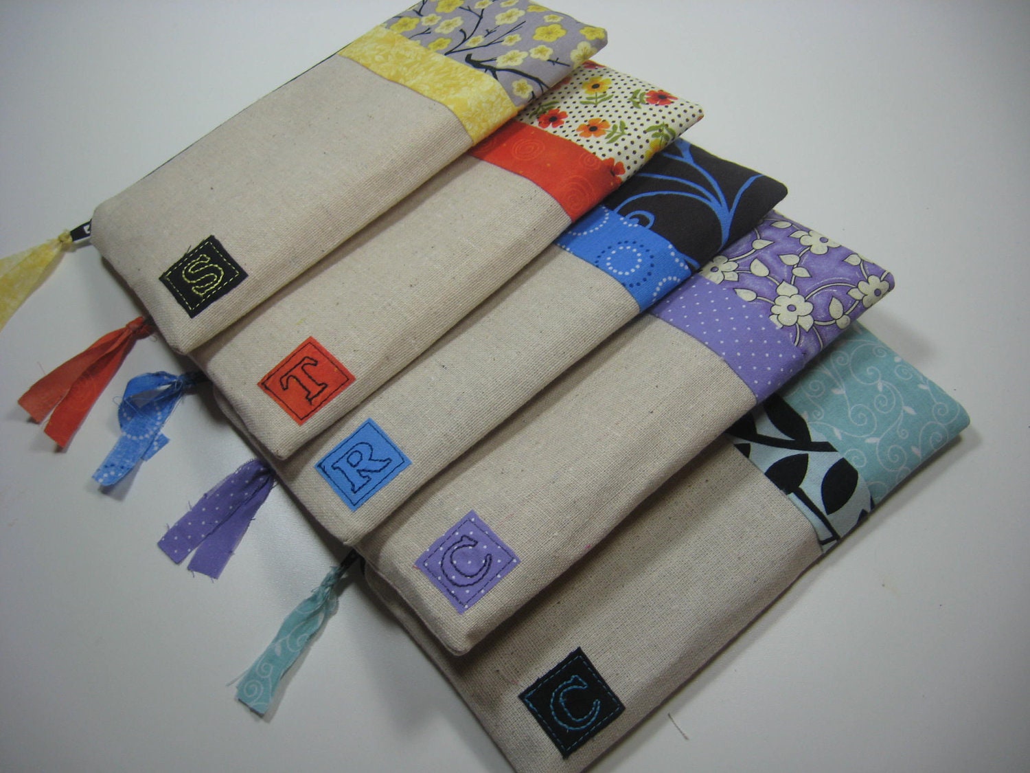 Set of 5 Personalized, Initialed  zipper pouch, iphone wallet, Made To Order