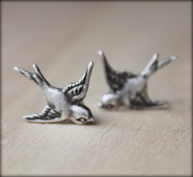FREE SHIPPING. sparrow. silver. Stud Post Bird earrings.