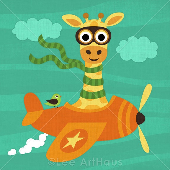 229B Bright Giraffe Flying Airplane in 6x6 Print