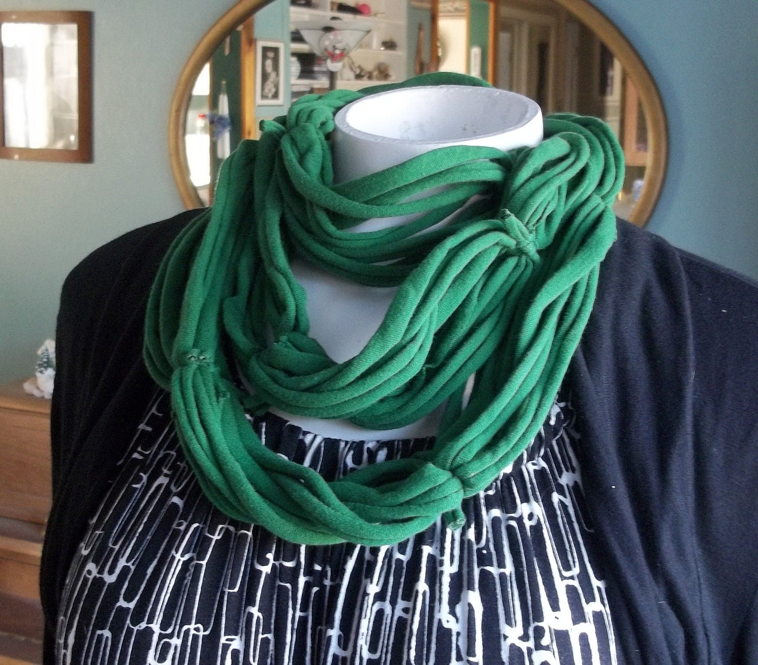 Forest green upcycled t-shirt scarf infinity unisex eco-friendly fabric necklace treasury item