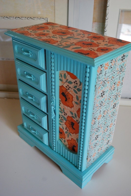 Refurbished Vintage Jewelry Box - Tall Blue and Orange
