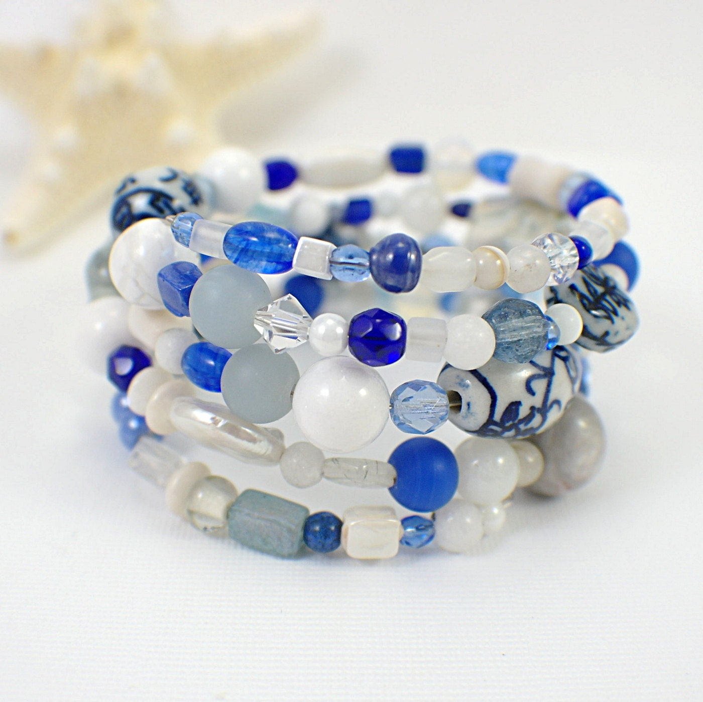 Capstone memory wire bracelet cobalt blue white porcelain wide cuff stacked
