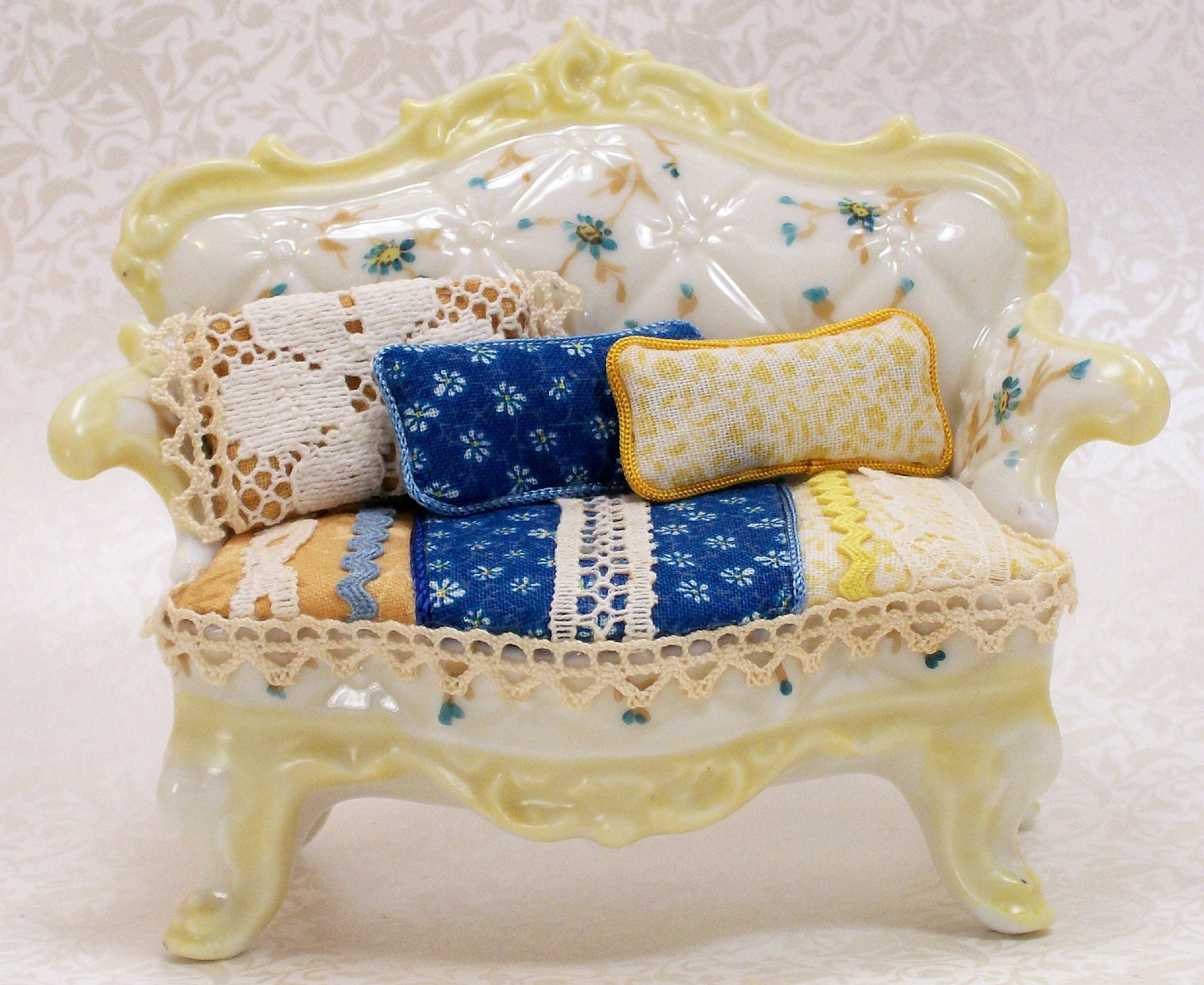 Dollhouse Miniature Shabby Chic French Porcelain China Chair Couch Vintage Antique Half Scale Yellow Blue Floral Flowers Lace OOAK