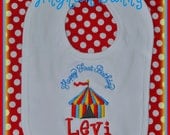 Circus BIB, Boutique Quality, Happy First Birthday Bib,  You Choose Colors,  match to First Birthday Hat by Gingham Bunny