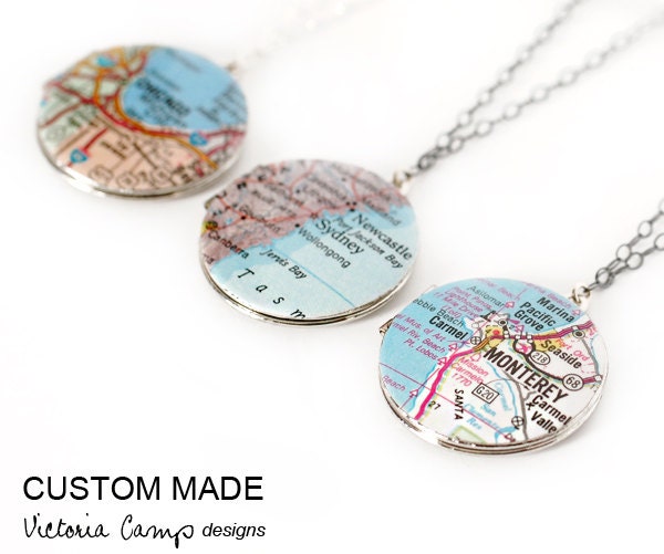 Custom Map Necklace, Round Vintage Locket, Personalized, Sterling Silver Chain, Map Jewelry - SILVER version