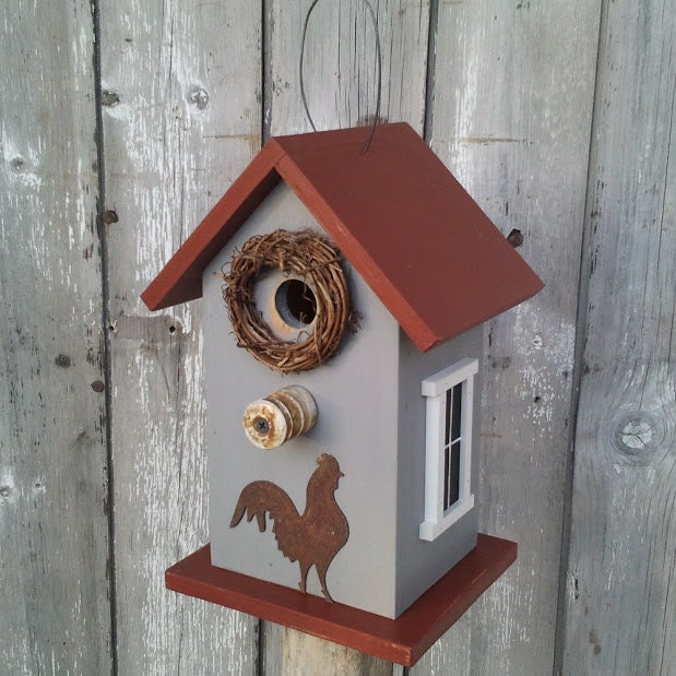 Primitive Rooster Wren House with Antique Farm Fence Insulator Barn Red and Gray - OOAK