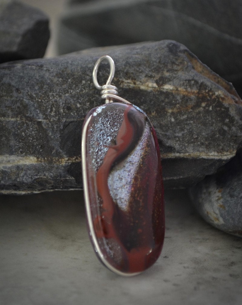 Dichroic Fused Glass Pendant - red, silver, and brown fused glass jewelry (by Meagan Chaney Gumpert)