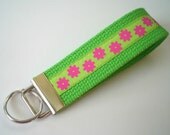 Wristlet Key Fob Keychain Bright Lime Green with Pink Flower Ribbon