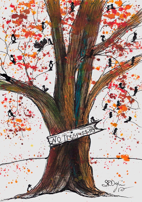 CELEBRITY Tree, Bird Popularity, ORIGINAL Watercolor and Ink Painting, 5 x 7