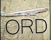 RECYCLED ARTWORK. Up in the Air Series. ORD. O Hare International Airport, Chicago. Wooden Block MapArt using a 1924 Map
