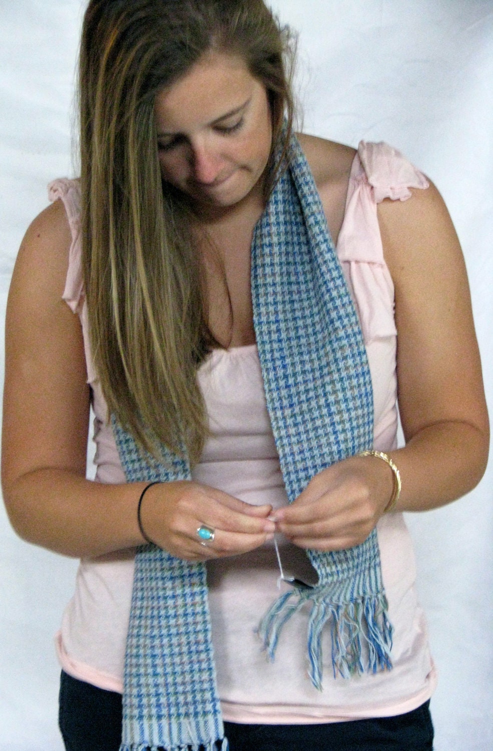 Hand woven light and dark blue pinwheel scarf