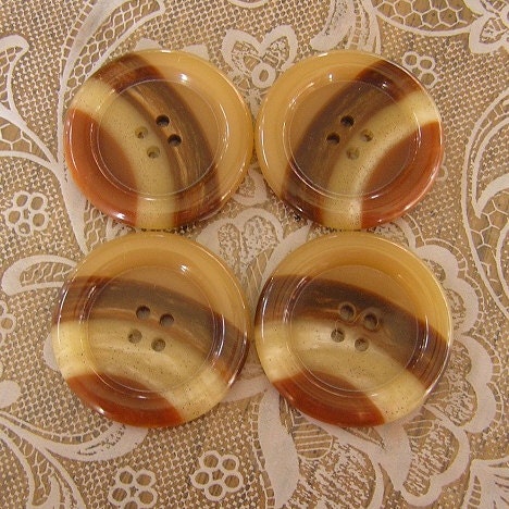 4 Warm Brown Striped Vintage Large Buttons 1-3/8 inch 4 Hole Neutral