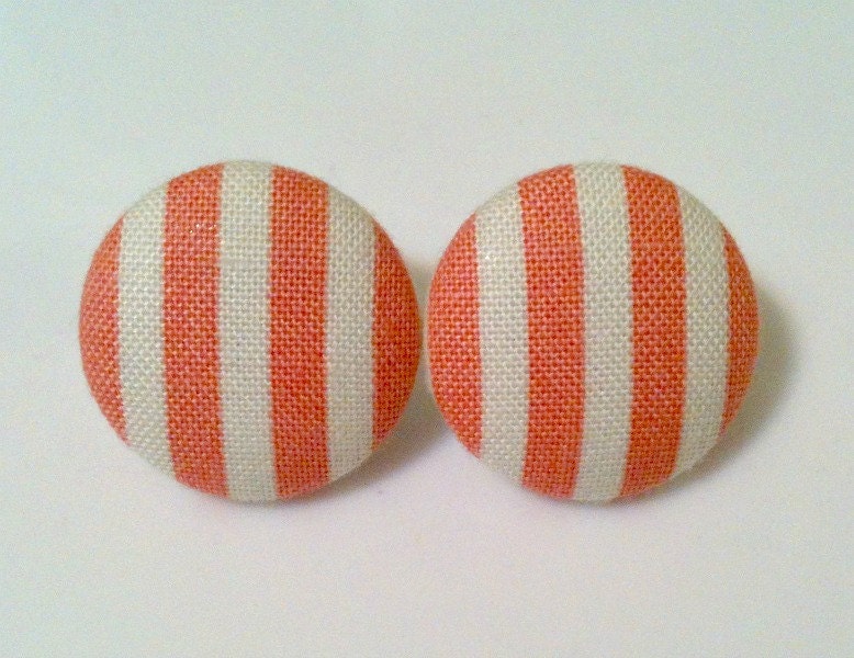 pink and white stripe - fabric button earrings