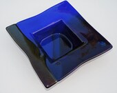 Fused Glass Plate - Deep Blue Violet Gold - Ikebana - Square Bowl -- Candle Holder