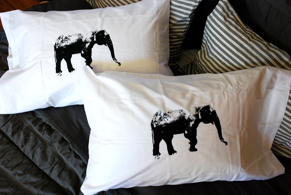 Elephant Hand Screen Printed Pillowcases Set of Two