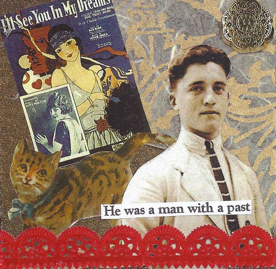 Original Collage Art Father's Day Vintage Style Whimsical Small Geekery Handmade On Easel Gold Retro Man :  A Man With A Past