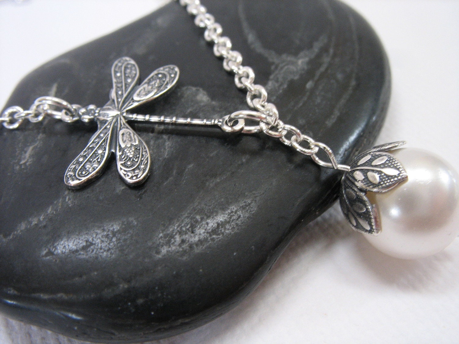 Dragonfly Necklace with Swarovski Pearl - Antiqued Sterling Silver - White Pearl - Bridal Necklace - DamselflyDesignsCo