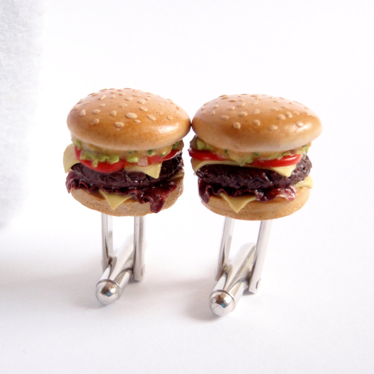 Double Cheeseburger with Bacon Cufflinks - Miniature Food Jewelry Collectable - Schickie Mickie Original 100% Handmade